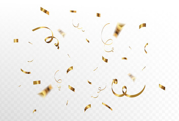 Confetti explosion on transparent background. Pieces of shiny gold paper flying and spreading. rotating ,colorful gold,colorful,waves, irregular,eps 10