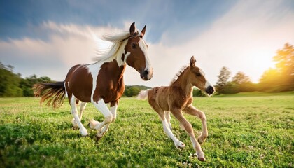 Obraz premium Pinto mare and red foal run on spring green meadow