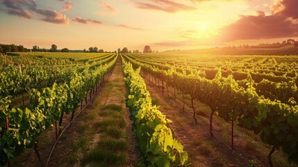Obraz premium Sun-Drenched Vineyard with Growing Grapevines at Sunset
