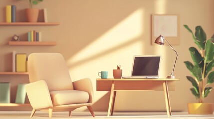 Fototapeta premium Freelance online work concept in a cozy beige home office with armchair, laptop, and coffee cup. Cartoon design illustration in a 3D coworking space.