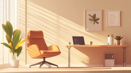 Fototapeta premium Freelance online work concept in a cozy beige home office with armchair, laptop, and coffee cup. Cartoon design illustration in a 3D coworking space.