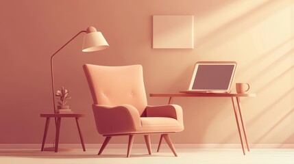 Freelance online work concept in a cozy beige home office with armchair, laptop, and coffee cup. Cartoon design illustration in a 3D coworking space.