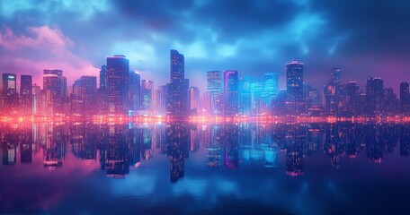 Fototapeta premium Vibrant cityscape reflected in water at night