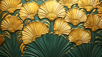 Opulent Art Deco Wallpaper with Gold and Emerald Green Fan & Feather Motifs. Luxury Interior background