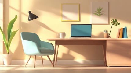 Fototapeta premium Freelance online work concept in a cozy beige home office with armchair, laptop, and coffee cup. Cartoon design illustration in a 3D coworking space.