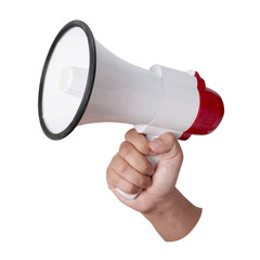 Male person hand holding megaphone, cut out isolated