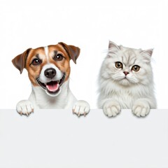 Obraz premium A Cat and Dog Peeking Out on a White Backdrop