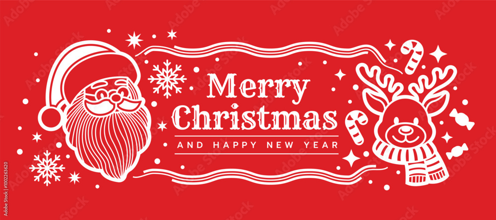Poster merry christmas and happy new year - text in white line frame and head santa and reindeer with snow 