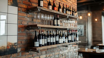 Open shelving with industrial steel pipes and weathered wood, holding a selection of wine bottles and glasses, in a cozy modern loft with brick walls, warm lighting accentuating the rustic textures,