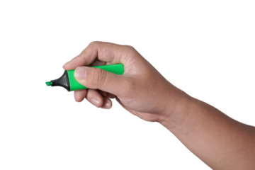 Male person hand holding highlighter pen, writing position, cut out isolated