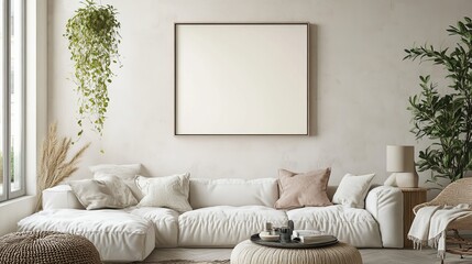 Frame mockup on ISO A paper size in a living room wall with house background. Modern interior design concept. 3D rendering.