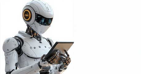 ai robot, using tablet, isolate on transparency background, png, robot, 3d