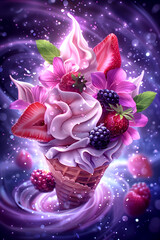 A colorful ice cream cone with strawberries and raspberries on top. The ice cream is pink and white, and the strawberries and raspberries are purple. The image has a whimsical and playful mood