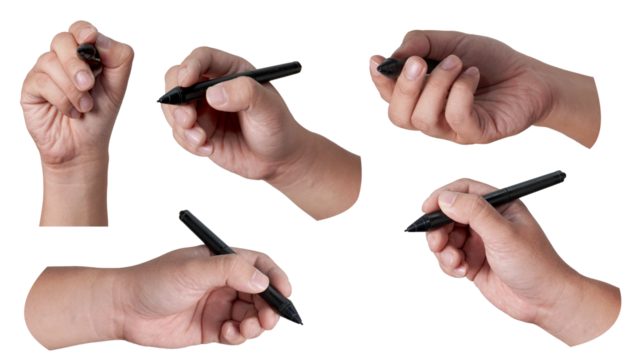 Set collection of male person hand holding pen writing, cut out isolated