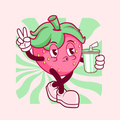 DRINK STRAWBERRY FRUIT VINTAGE MASCOT CHARACTER AND ILLUSTRATION
