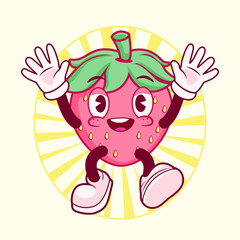 Naklejka premium JOY STRAWBERRY FRUIT VINTAGE MASCOT CHARACTER AND ILLUSTRATION