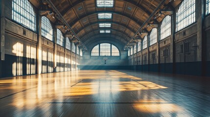 Empty basketball court with sunlight shining through the windows. This image can be used for sports, architecture, and design projects.