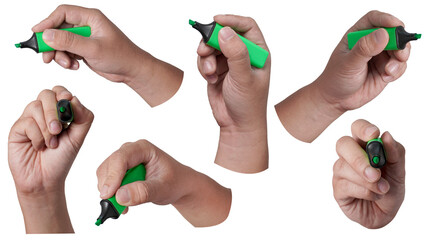 Set collection of male person hand holding highlighter pen, writing position, cut out isolated