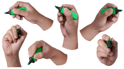 Set collection of male person hand holding highlighter pen, writing position, cut out isolated