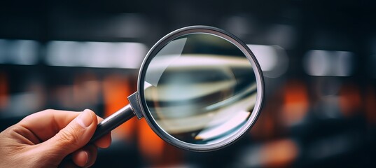 Fototapeta premium A person holding a magnifying glass over books on a shelf in a library during daytime