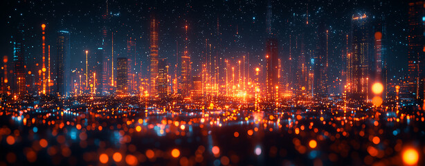 Fototapeta premium 3D rendering of a futuristic cityscape composed of glowing orange and blue dots, forming digital-like structures. The scene features a dark background with an abstract, tech-inspired aesthetic.