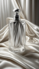 A silver perfume bottle wrapped in flowing satin fabric, draped across a pearl-white background