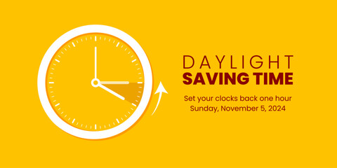 Fall back. Daylight saving time ends banner with alarm clock turning back one hour. Reminder schedule. Vector illustration