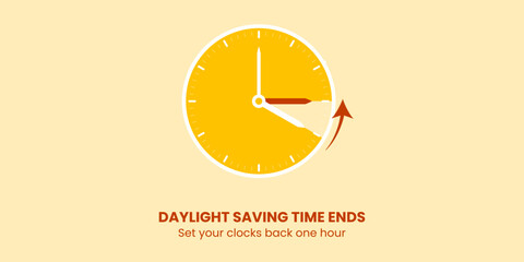 Fall back. Daylight saving time ends banner with alarm clock turning back one hour. Reminder schedule. Vector illustration