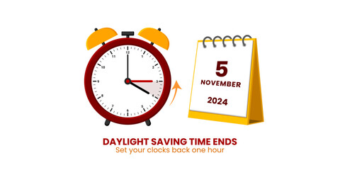Daylight saving time end. Fall back, set clock back one hour. Minimalist alarm clock design. Vector illustration