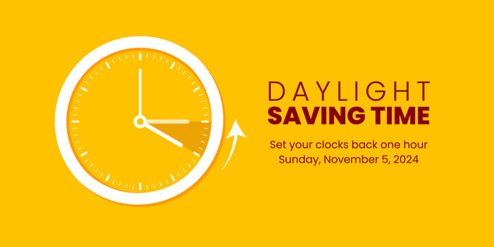 Fall back. Daylight saving time ends banner with alarm clock turning back one hour. Reminder schedule. Vector illustration