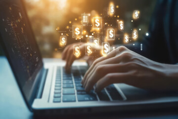 Business professional using a laptop with digital dollar symbols representing online transactions