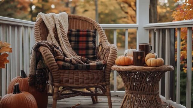 Cozy autumn porch with a wicker chair, warm blankets, pumpkins, and mugs surrounded by colorful fall foliage