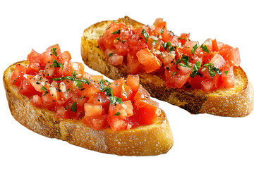 slices of bruschetta with garlic tomato and olive oil isolated on a transparent background, top view