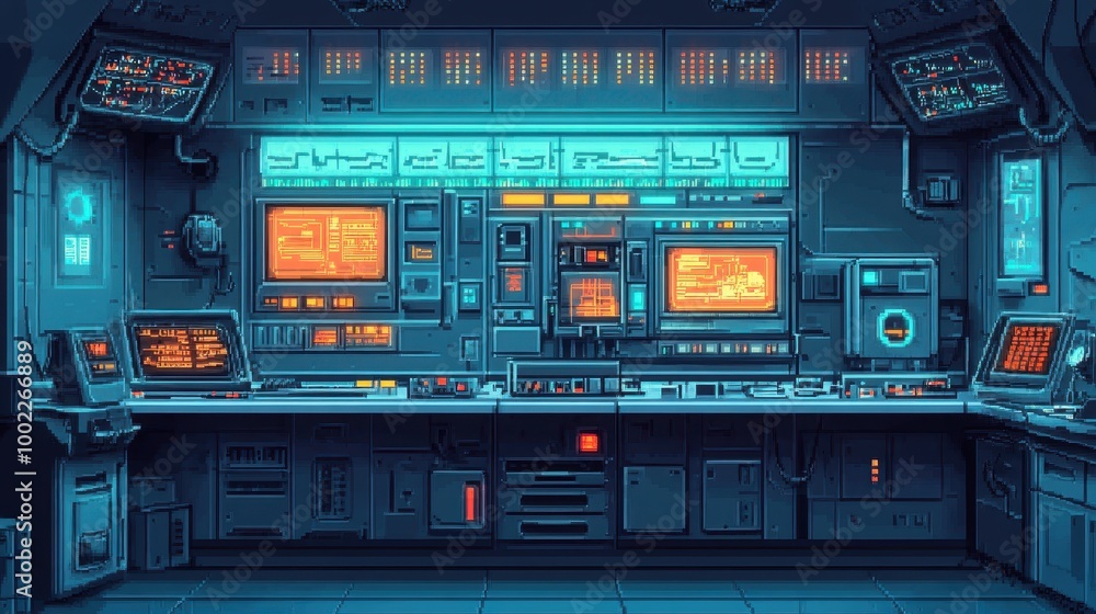 Poster futuristic lab with pixelated technology interface