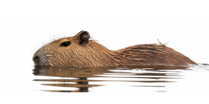 Capybara sweeming on isolated white background