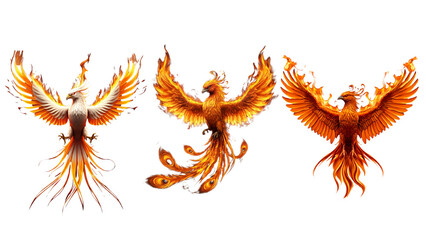 Colorful mythical birds in flames showcase