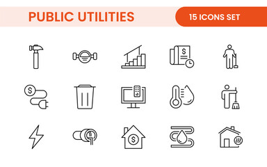 Fototapeta premium Public utilities linear signed icon collection. Signed thin line icons collection. Set of public utilities simple outline icons.