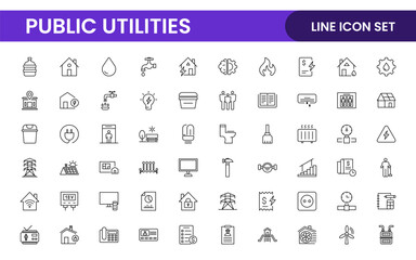 Public utilities linear signed icon collection. Signed thin line icons collection. Set of public utilities simple outline icons.