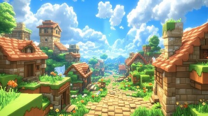 Obraz premium Charming Medieval Village with Blocky Houses