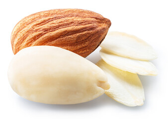 Almond nut and blanched almonds isolated on white background. File contains clipping path.