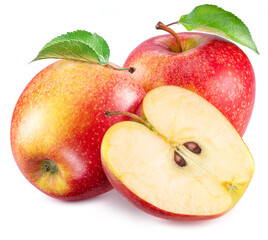 Ripe red apples with yellow spots and apple slice on white background. File contains clipping path.