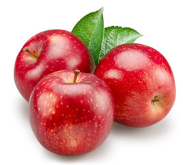 Ripe red apples with green apple leaves on white background. File contains clipping path.