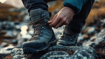 Close-up of a hiker tying the laces of their hiking boots on a rocky terrain, preparing for a wilderness adventure in a rugged natural landscape.