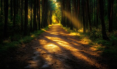 Obraz premium A serene forest path illuminated by soft, dappled sunlight, casting long shadows on the earthy trail, Generative AI 