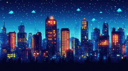 Obraz premium Vibrant Pixel Art of City Skyline at Night