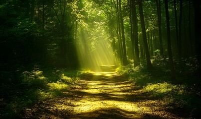 Fototapeta premium A serene forest path illuminated by soft, dappled sunlight, casting long shadows on the earthy trail, Generative AI 