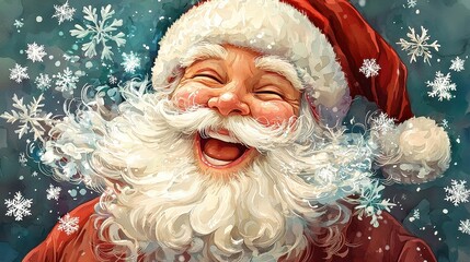 Cheerful Santa Claus with a big smile and fluffy beard, surrounded by falling snowflakes, brings warmth and joy for the holidays.