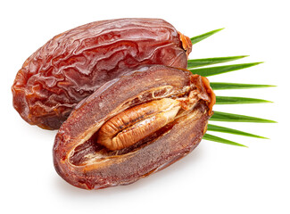 Semi-dried date and date fruit cut in half isolated on white background. File contains clipping...
