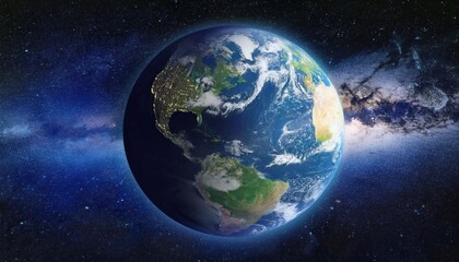 Realistic Earth Planet, rotating on its axis in space against the background of the Milky Way star sky. Astronomy and science concept. Continents and oceans. 