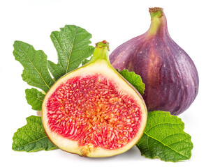 Fig fruits with fig leaves and slices of fig isolated on white background.